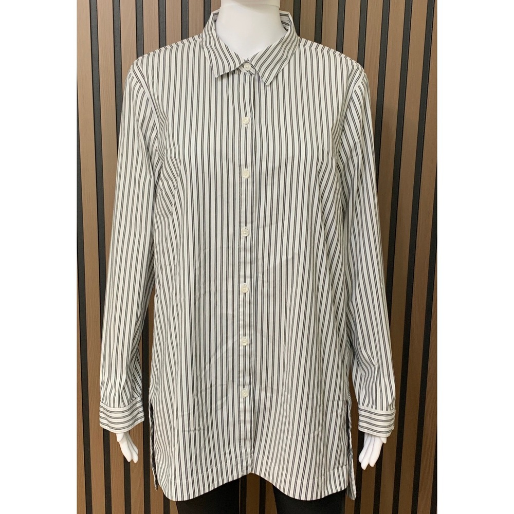 J. Jill Women's Large Striped Button Down Tunic Shirt Long Sleeve Black White L